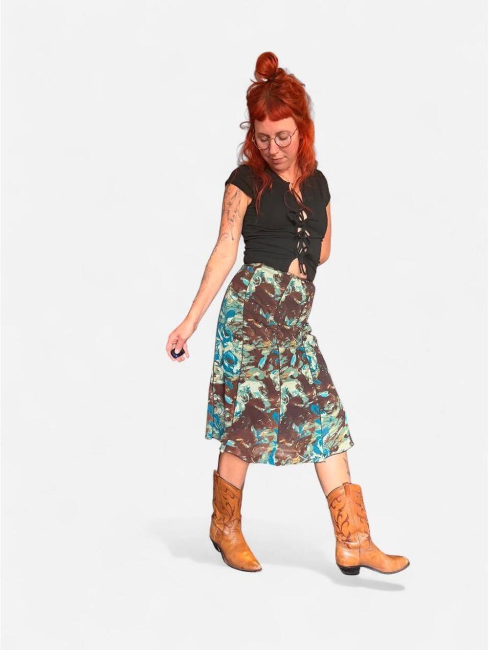 Vintage beautiful chocolate brown with teal and cream floral midi skirt